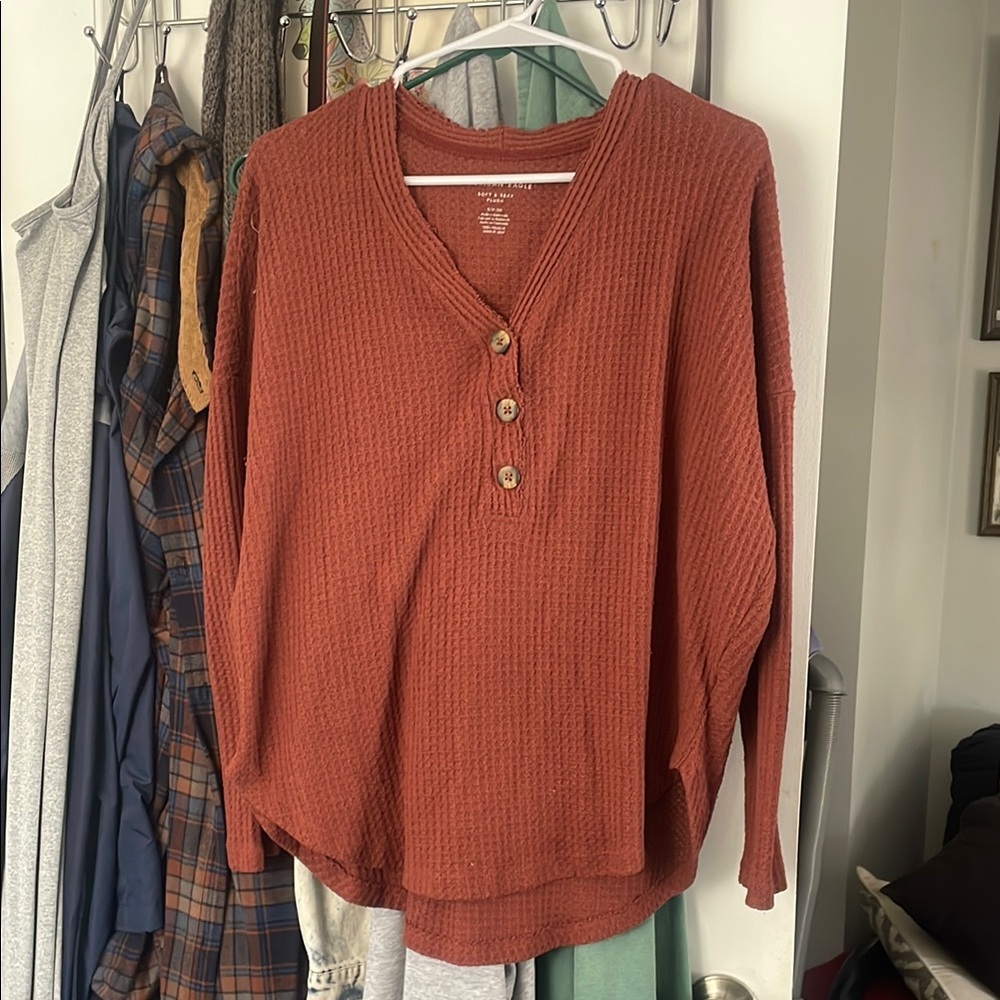 Rust Orange Waffle Knit Henley Top